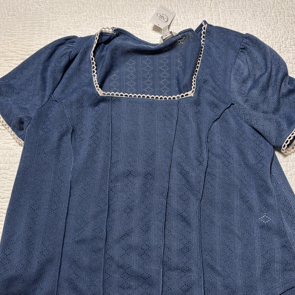 Cato Blue Eyelet Blouse with White Trim
